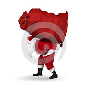 Classic traditional crazy funny santa claus on exhausting delivery service. Carrying huge giant big red bag on his back with photo