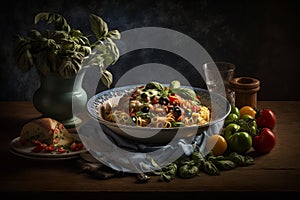 A classic and traditional decoration of Italian food cuisine. Pasta, flour tortillas, parmesan and cheeses. Creative and