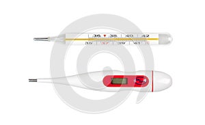 Classic traditional old glass mercury thermometer and a digital electronic one, two different objects isolated on white background