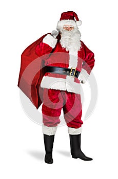 Classic traditional red santa claus with red jute bag sack full of gift present ready for delivery isolated white christmas
