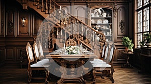 Classic Traditional Wood and Crystal material style home dining room Interior