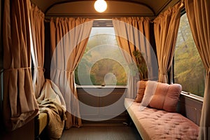 classic train compartment with sliding door and curtains