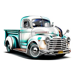 Classic truck, color ink paint style on White background