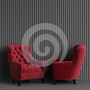 Classic tufted chairs in red color in empty grey room with relief stripe wal