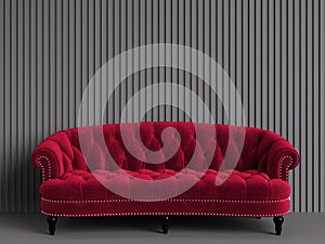 Classic tufted sofa red color in empty grey room with relief stripe wall