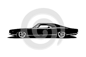 Classic tuning car with big wheels, power motor and low cars compilation. American gangsta style black white flat vector design