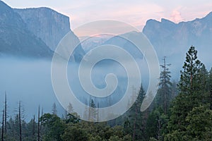 Classic Tunnel View of scenic Yosemite Valley with famous El Capitan and Half Dome rock climbing summits in beautiful atmosphere