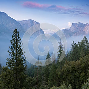 Classic Tunnel View of scenic Yosemite Valley with famous El Capitan and Half Dome rock climbing summits in beautiful