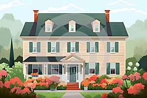 classic two-storey house with flower garden at sunny summer day - american dream style, neural network generated image