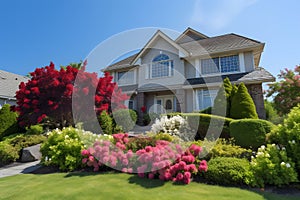 classic two-storey house with flower garden at sunny summer day - american dream style, neural network generated image