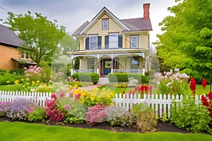 classic two-storey house with flower garden at sunny summer day - american dream style, neural network generated image