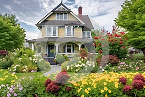 classic two-storey house with flower garden at sunny summer day - american dream style, neural network generated image