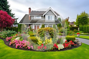 classic two-storey house with flower garden at sunny summer day - american dream style, neural network generated image