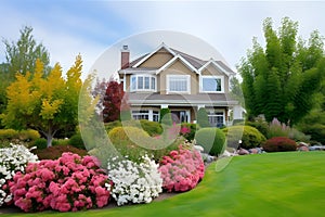 classic two-storey house with flower garden at sunny summer day - american dream style, neural network generated image