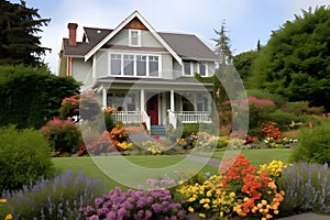 classic two-storey house with flower garden at sunny summer day - american dream style, neural network generated image