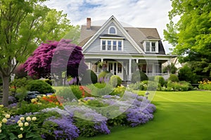 classic two-storey house with flower garden at sunny summer day - american dream style, neural network generated image