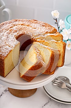 Classic vanilla pound cake sliced and ready to eat