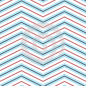 Classic vector seamless pattern with thin red, navy blue and sky blue chevrons on a white background