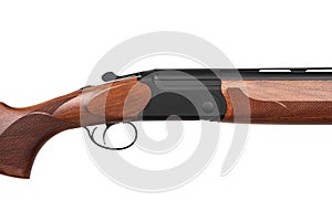 Classic vertical double-barreled hunting rifle isolate on a white back. Smoothbore weapon with a wooden butt for hunting, sports