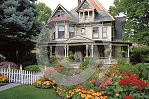 classic victorian house with front porch and welcoming, floral garden