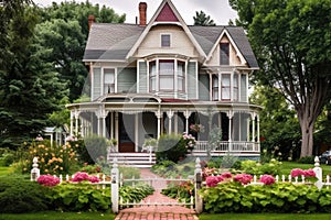 classic victorian house with front porch and welcoming, floral garden