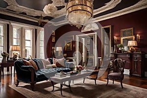 a classic Victorian-inspired living room, adorned with intricate moldings,