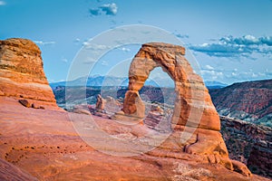 Classic view of famous Delicate Arch at sunset, Utah, USA