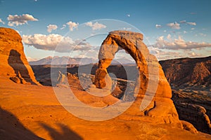 Classic view of famous Delicate Arch at sunset, Utah, USA