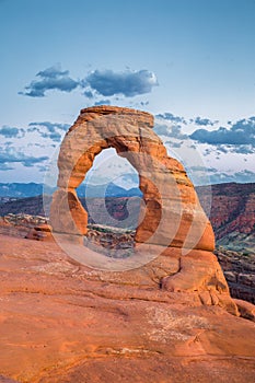 Classic view of famous Delicate Arch at sunset, Utah, USA