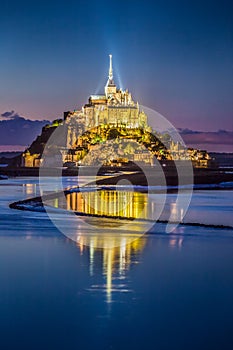 Mont Saint-Michel in twilight at dusk, Normandy, France photo