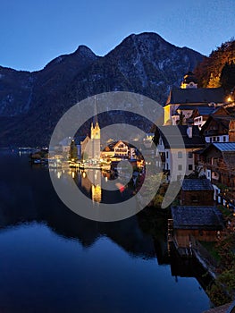 Classic View of Hallstatt Village, Austria, night.