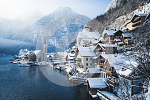 Classic view of Hallstatt in winter, Salzkammergut, Austria