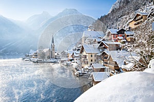 Classic view of Hallstatt in winter, Salzkammergut, Austria