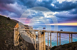 Classic view of historic Bixby Bridge along famous Highway 1 in