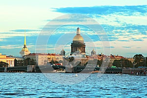 Classic view of the Neva river and St. Isaac's Cathedral and the Palace Bridge