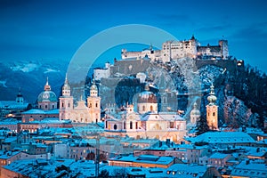 Classic view of Salzburg at Christmas time in winter, Austria