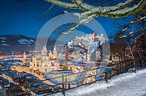 Classic view of Salzburg at Christmas time in winter, Austria