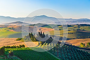 Scenic Tuscany landscape at sunrise, Val d`Orcia, Italy photo