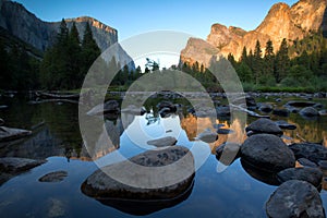 Classic view of scenic Yosemite Valley on a sunny day with blue