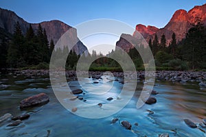 Classic view of scenic Yosemite Valley on a sunny day with blue