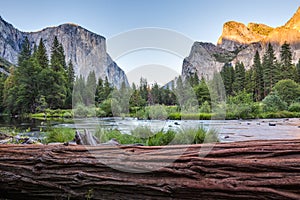 Classic view of Yosemite Valley at sunset in Yosemite National Park, California, USA.