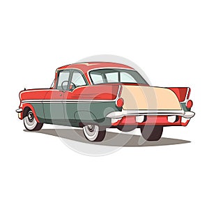 Classic vintage car illustrated, red green twotone American car 1950s. Side profile retro vehicle