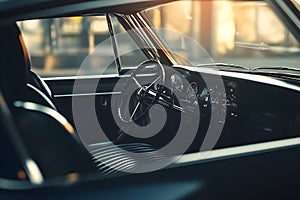 Classic vintage car interior with sunlit dashboard and steering wheel
