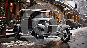 Shiny Vintage Car Parked Outside The Festively Christmas Decorated Shops. Generative AI photo