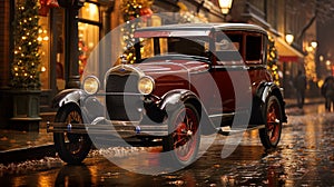 Classic Vintage Car Parked Outside The Festively Christmas Decorated Shops. Generative AI