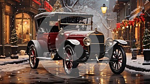 Old Timey Car Parked Outside The Festively Christmas Decorated Shops. Generative AI photo