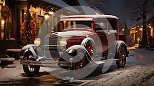 Classic Vintage Car Parked Outside The Festively Christmas Decorated Shops. Generative AI
