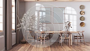 Classic vintage dining room in white and beige tones. Bleached wooden table with chairs, parquet and frame mockup. Farmhouse