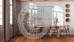 Classic vintage dining room in white and beige tones. Wooden table with chairs, parquet and frame mockup. Farmhouse interior