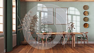 Classic vintage dining room in white and green tones. Wooden table with chairs, parquet and frame mockup. Farmhouse interior